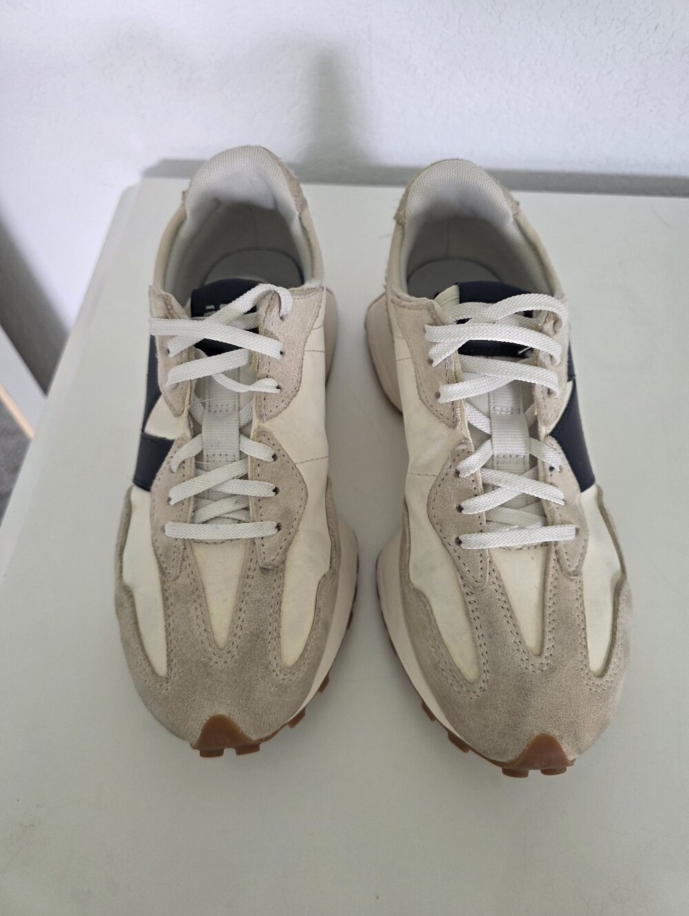 New Balance Beige Cream Sneakers with Navy Logo - Picture 2 of 6